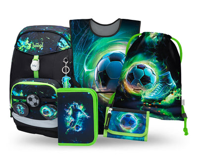 Airy Plus Fußball Schulrucksack-Set 5tlg.: Schulrucksack, Federmäppchen, Turnbeutel, Schürze, Brustbeutel