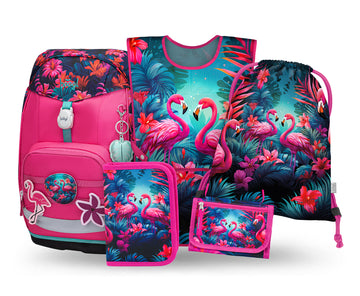 Airy Plus Flamingos Schulrucksack-Set 5tlg.: Schulrucksack, Federmäppchen, Turnbeutel, Schürze, Brustbeutel
