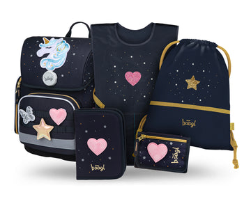 Ergo Unicorn Gold Schulranzen-Set 5tlg.: Schulranzen, Federmäppchen, Turnbeutel, Schürze, Brustbeutel
