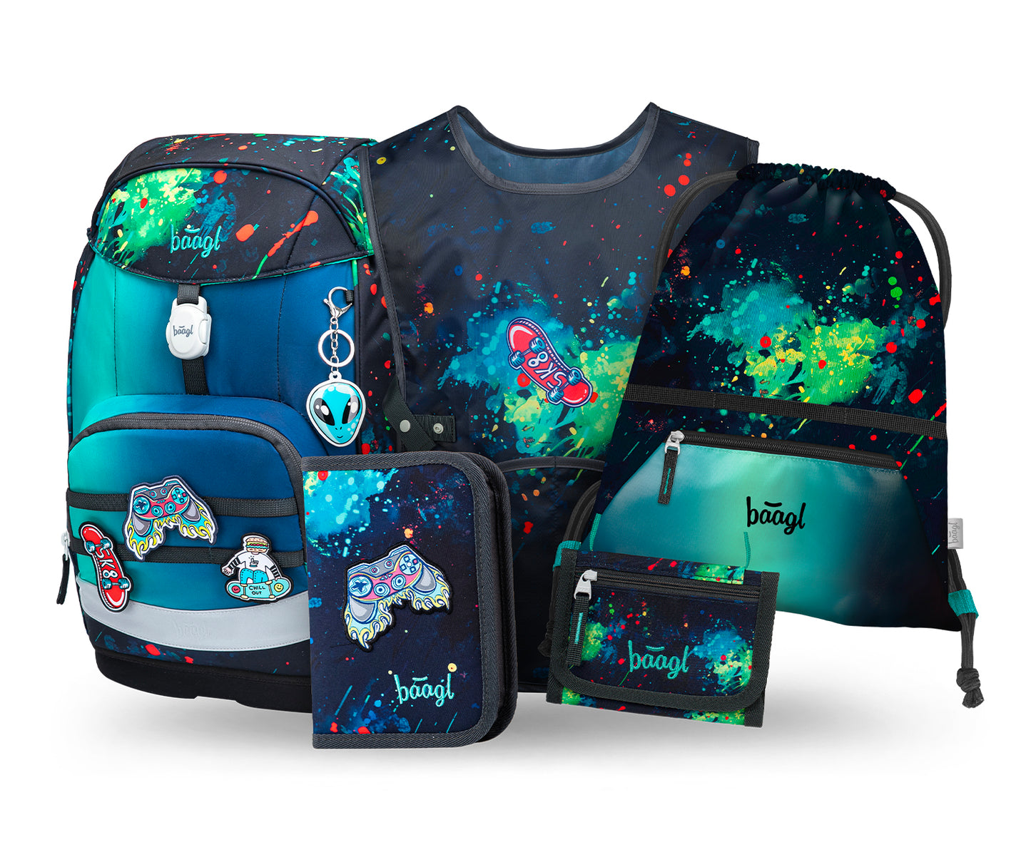 Airy Plus Chill Schulrucksack-Set 5tlg.: Schulrucksack, Federmäppchen, Turnbeutel, Schürze, Brustbeutel