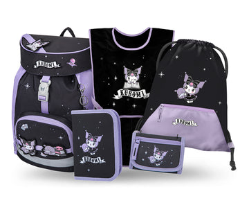 Airy Kuromi Fortune Dream Schulrucksack-Set 5tlg: Schulrucksack, Federmäppchen, Turnbeutel, Schürze, Brustbeutel