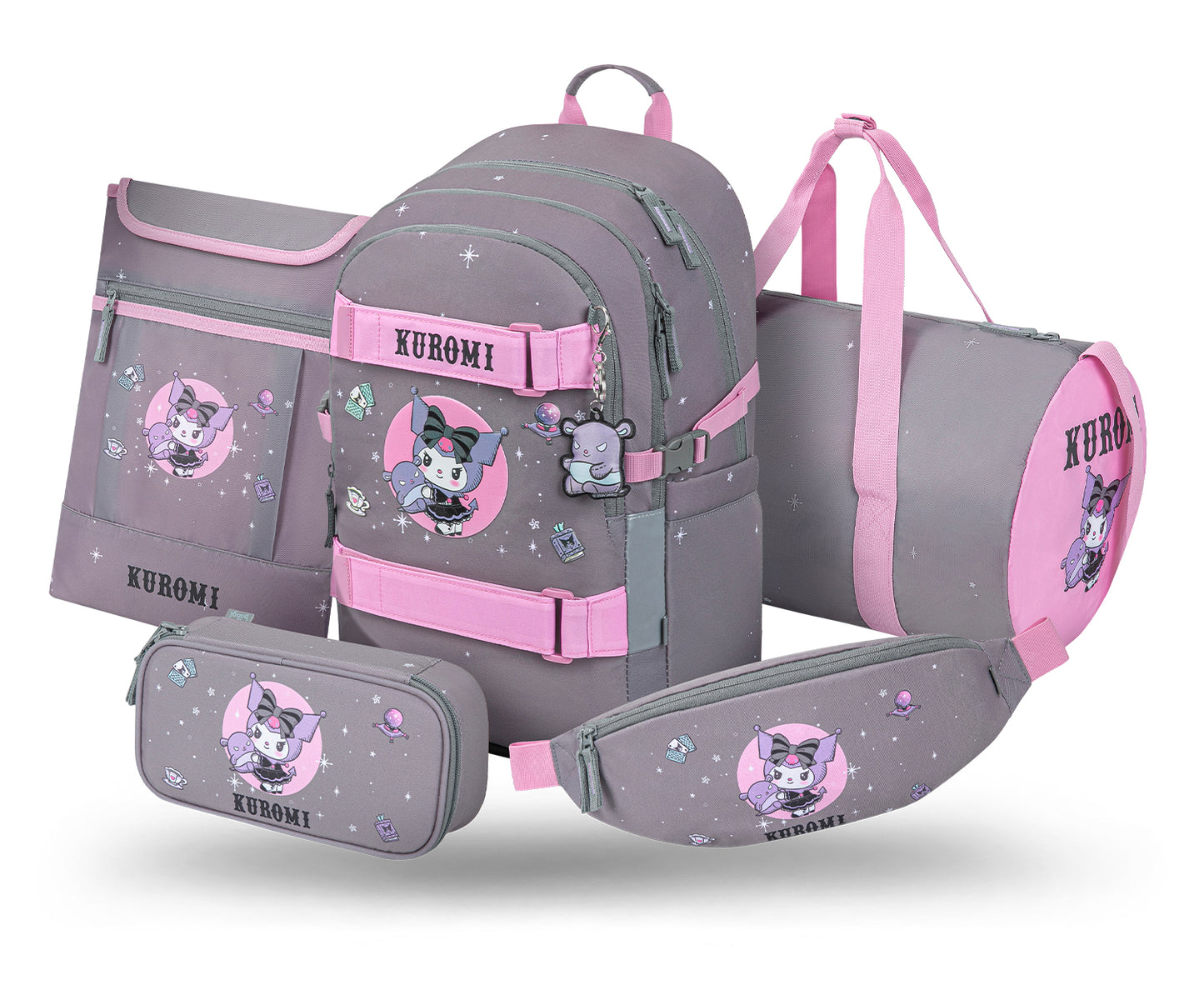 Skate Kuromi Grey Schulrucksack-Set 5tlg.: Schulrucksack, Federmäppchen, Turnbeutel, Bauchtasche, Laptophülle