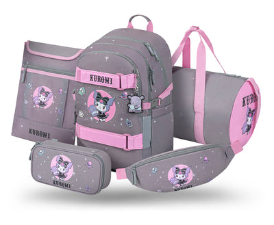 Skate Kuromi Grey Schulrucksack-Set 5tlg.: Schulrucksack, Federmäppchen, Turnbeutel, Bauchtasche, Laptophülle