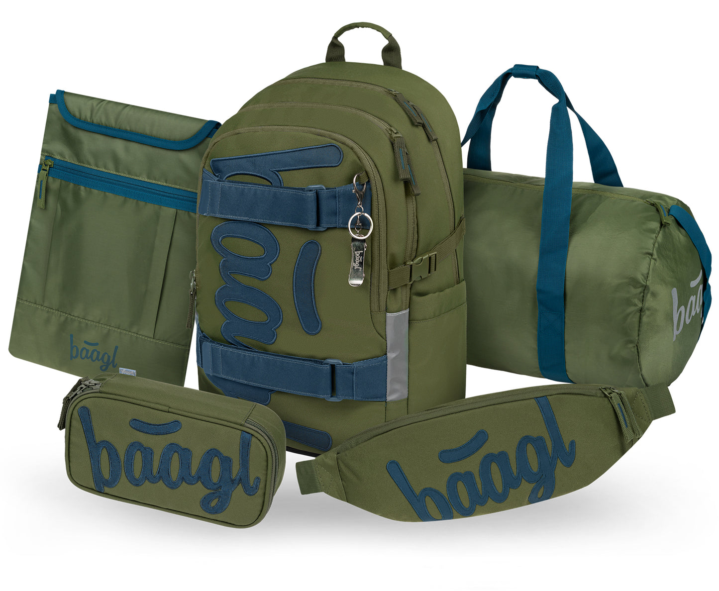 Skate Olive Schulrucksack-Set 5tlg.: Schulrucksack, Federmäppchen, Sporttasche, Bauchtasche, Laptophülle