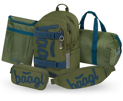 Skate Olive Schulrucksack-Set 5tlg.: Schulrucksack, Federmäppchen, Sporttasche, Bauchtasche, Laptophülle