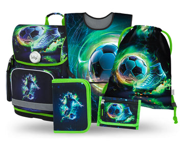 Ergo Fußballspieler Schulranzen-Set 5tlg.: Schulranzen, Federmäppchen, Turnbeutel, Schürze, Brustbeutel