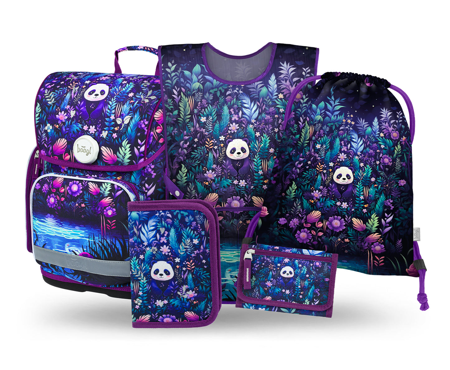 Ergo Jungle Panda Schulranzen-Set 5tlg.: Schulranzen, Federmäppchen, Turnbeutel, Schürze, Brustbeutel