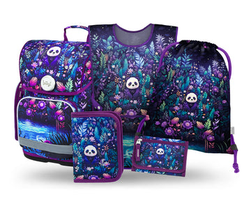 Ergo Jungle Panda Schulranzen-Set 5tlg.: Schulranzen, Federmäppchen, Turnbeutel, Schürze, Brustbeutel