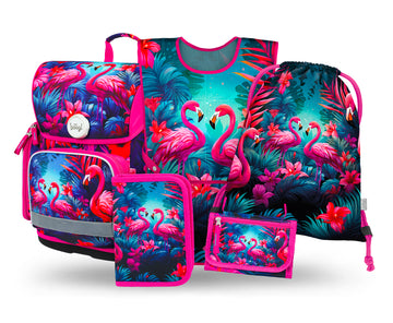 Ergo Flamingos Schulranzen-Set 5tlg.: Schulranzen, Federmäppchen, Turnbeutel, Schürze, Brustbeutel