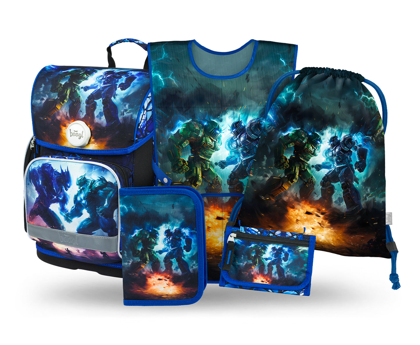 Ergo Roboter Schulranzen-Set 5tlg.: Schulranzen, Federmäppchen, Turnbeutel, Schürze, Brustbeutel