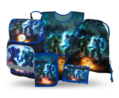 Ergo Roboter Schulranzen-Set 5tlg.: Schulranzen, Federmäppchen, Turnbeutel, Schürze, Brustbeutel