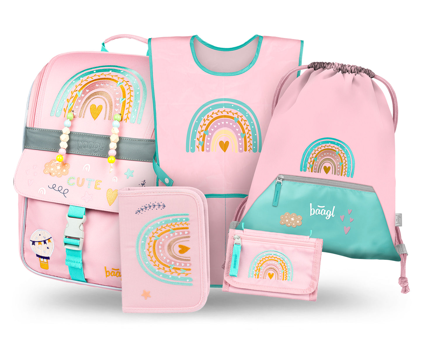 Zippy Regenbogen Pink Schulranzen-Set 5tlg.: Schulranzen, Federmäppchen, Turnbeutel, Schürze, Brustbeutel