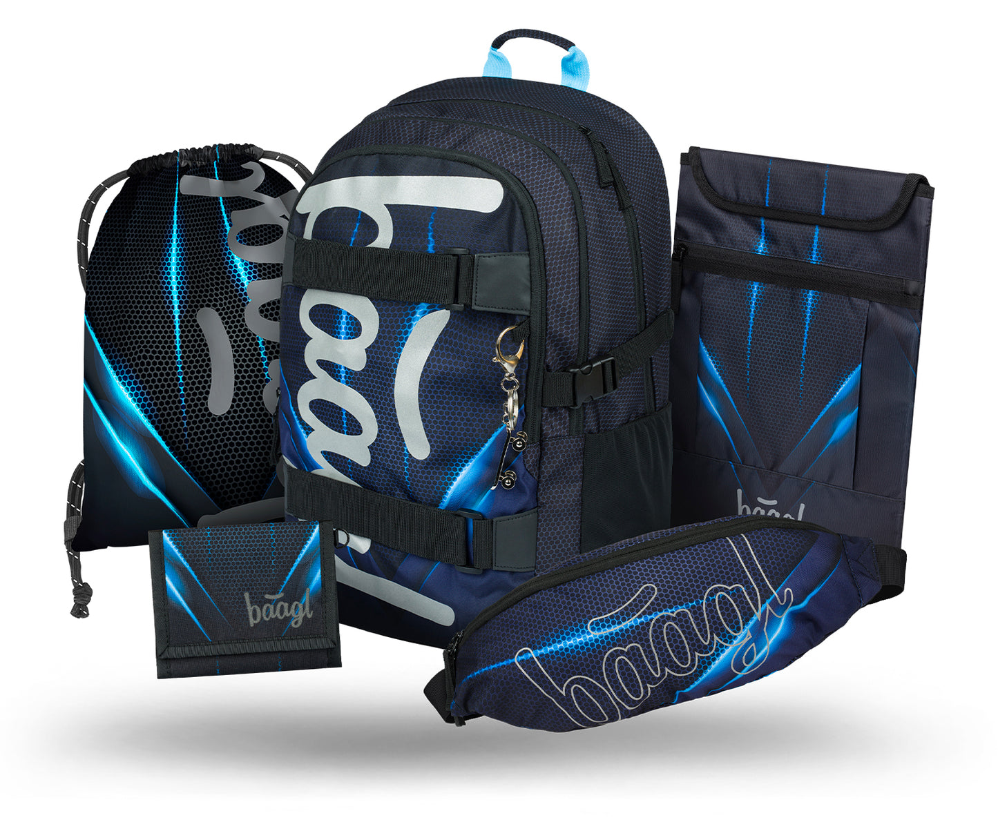 Skate Bluelight Schulrucksack-Set 5tlg.: Schulrucksack, Federmäppchen, Turnbeutel, Bauchtasche, Laptophülle