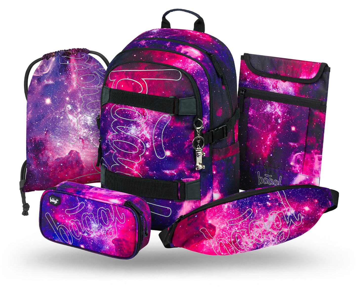 Skate Galaxy Schulrucksack-Set 5tlg.: Schulrucksack, Federmäppchen, Turnbeutel, Bauchtasche, Laptophülle