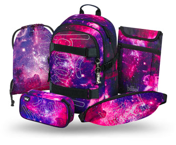 Skate Galaxy Schulrucksack-Set 5tlg.: Schulrucksack, Federmäppchen, Turnbeutel, Bauchtasche, Laptophülle