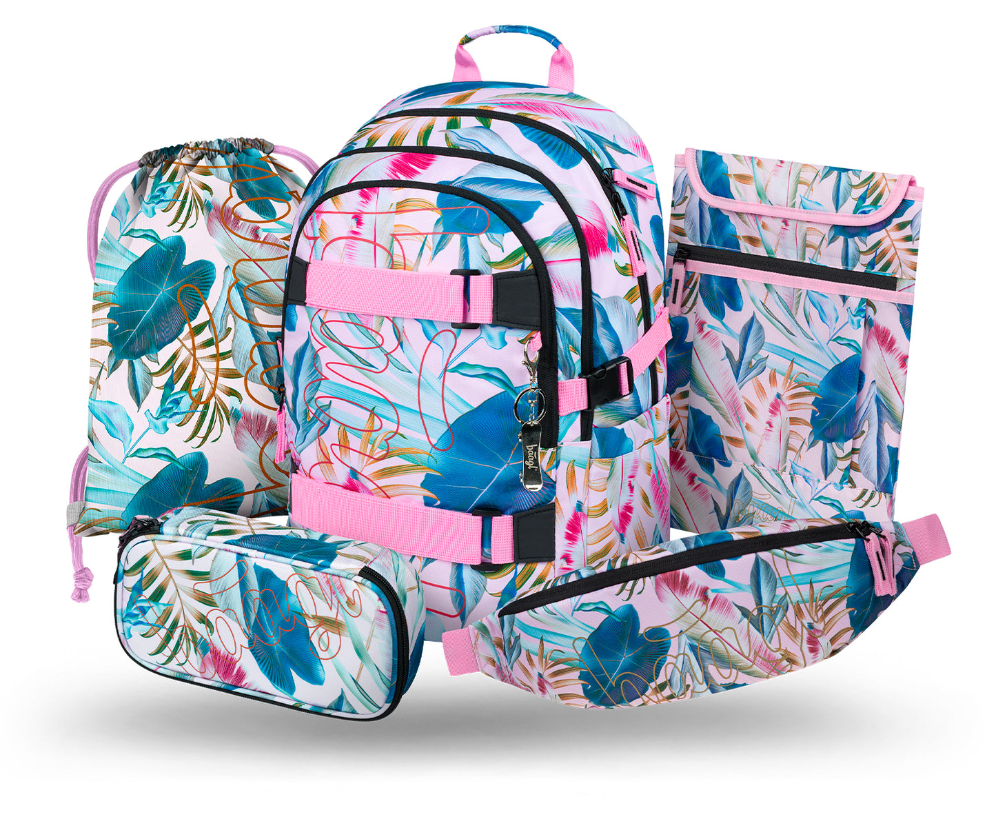 Skate Leafs Schulrucksack-Set 5tlg.: Schulrucksack, Federmäppchen, Turnbeutel, Bauchtasche, Laptophülle