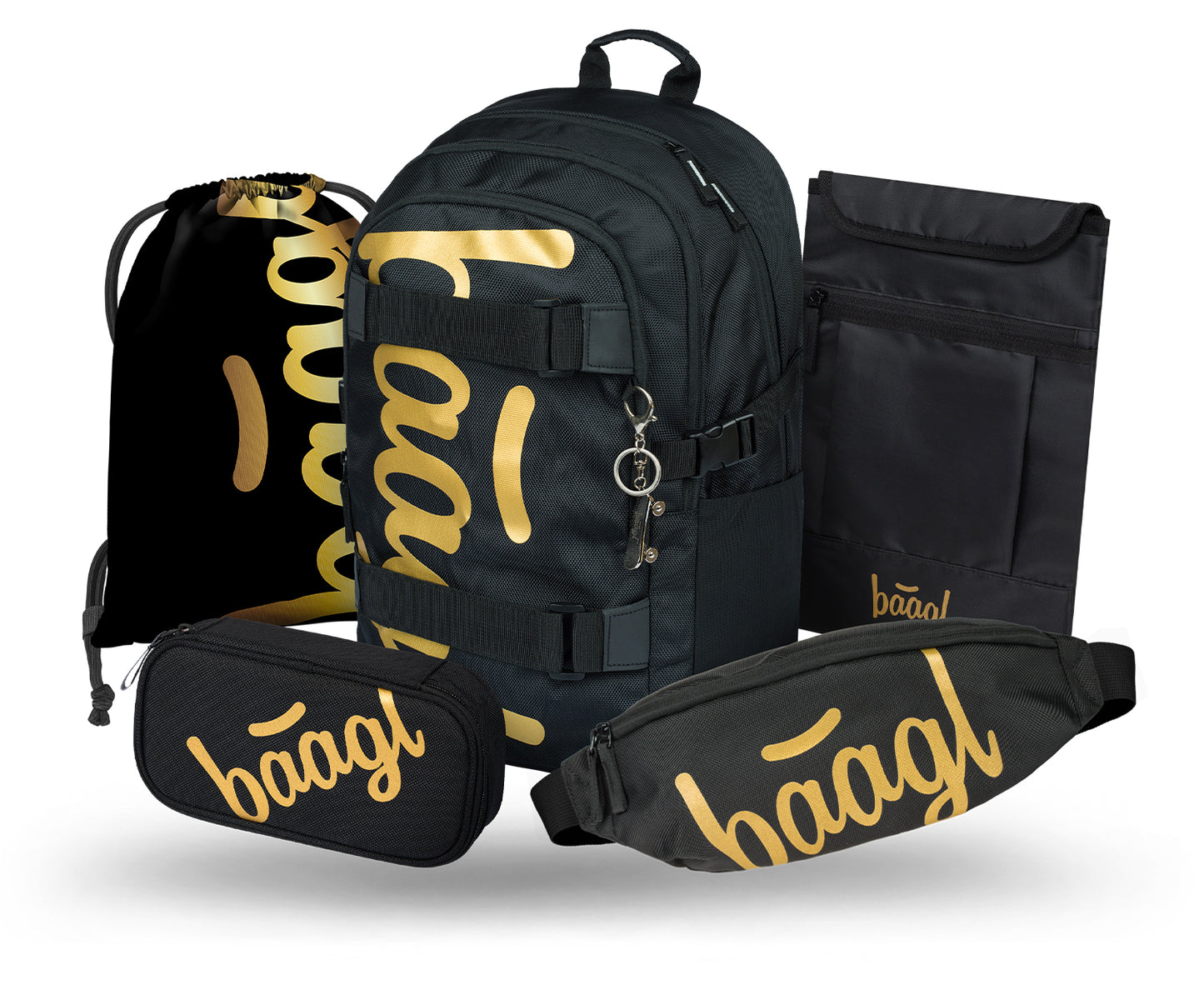 Skate Gold Schulrucksack-Set 5tlg.: Schulrucksack, Federmäppchen, Turnbeutel, Bauchtasche, Laptophülle