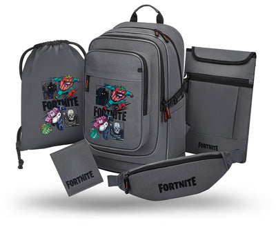 Cubic Fortnite Squad Schulrucksack-Set 5tlg.: Schulrucksack, Federmäppchen, Turnbeutel, Sporttasche, Bauchtasche