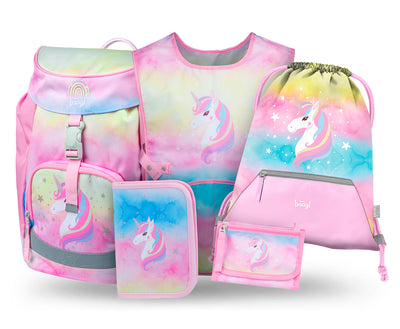 Airy Rainbow Unicorn Schulrucksack-Set 5tlg: Schulrucksack, Federmäppchen, Turnbeutel, Schürze, Brustbeutel
