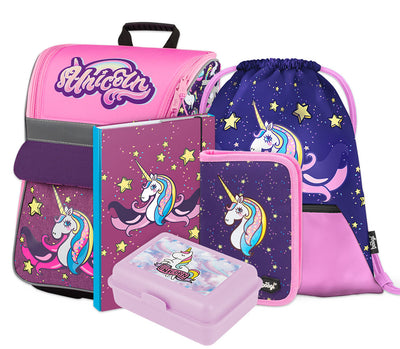 Unicorn Schulranzen-Set 5tlg: Schulranzen, Federmäppchen, Turnbeutel, Brotdose, Heftmappe