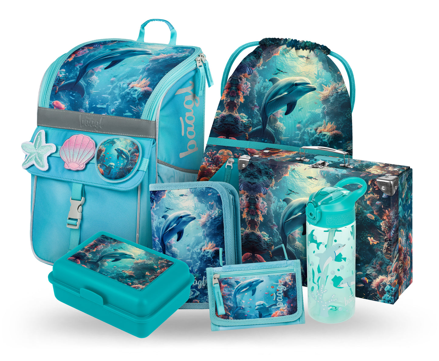 Zippy Delfin Schulranzen-Set 7tlg.: Schulranzen, Federmäppchen, Turnbeutel, Geldbörse, Brotdose, Faltkoffer, Trinkflasche