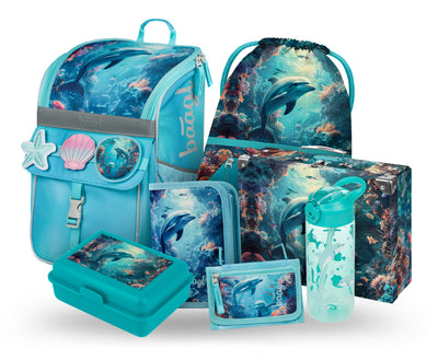 Zippy Delfin Schulranzen-Set 7tlg.: Schulranzen, Federmäppchen, Turnbeutel, Geldbörse, Brotdose, Faltkoffer, Trinkflasche