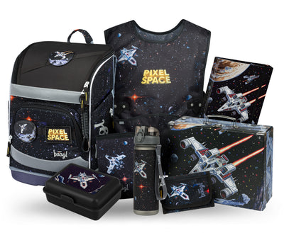Zippy Plus Pixel Space Schulranzen-Set 8tlg.: Schulranzen, Federmäppchen, Schürze, Geldbörse, Brotdose, Heftmappe, Faltkoffer, Trinkflasche