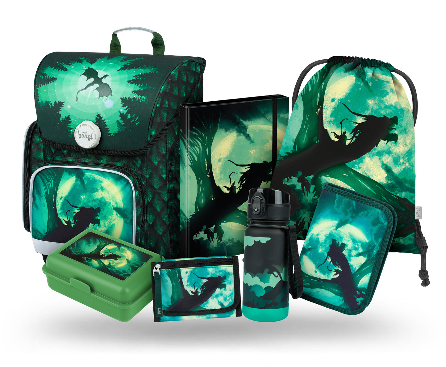 Ergo Drache Schulranzen-Set 7tlg.: Schulranzen, Federmäppchen, Turnbeutel, Geldbörse, Heftmappe, Brotdose, Trinkflasche