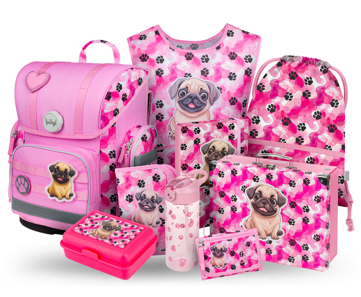 Ergo Pfötchen Schulranzen-Set 9tlg.: Schulranzen, Federmäppchen, Turnbeutel, Geldbörse, Schürze, Brotdose, Heftmappe, Faltkoffer, Trinkflasche