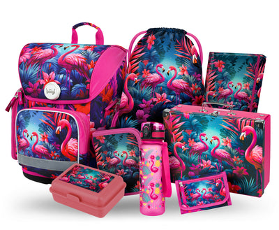 Ergo Flamingos Schulranzen-Set 8tlg.: Schulranzen, Federmäppchen, Turnbeutel, Geldbörse, Heftmappe, Faltkoffer, Brotdose, Trinkflasche