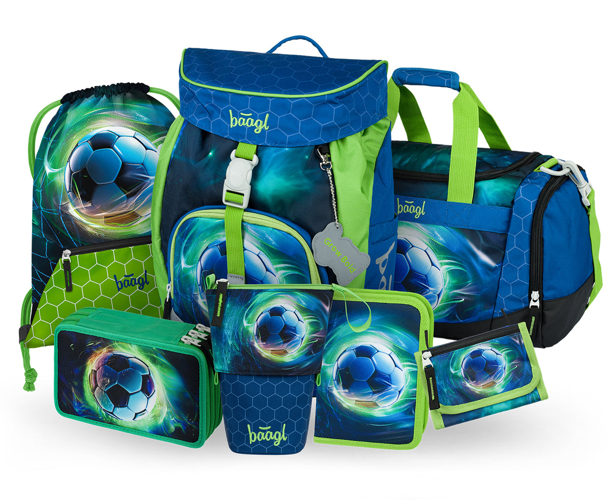 Airy Fußball Ball Rucksack-Set 7tlg: Rucksack, Federmäppchen, Turnbeutel, Pencil Slider, Federmäppchen 3-Fach, Geldbörse, Sporttasche