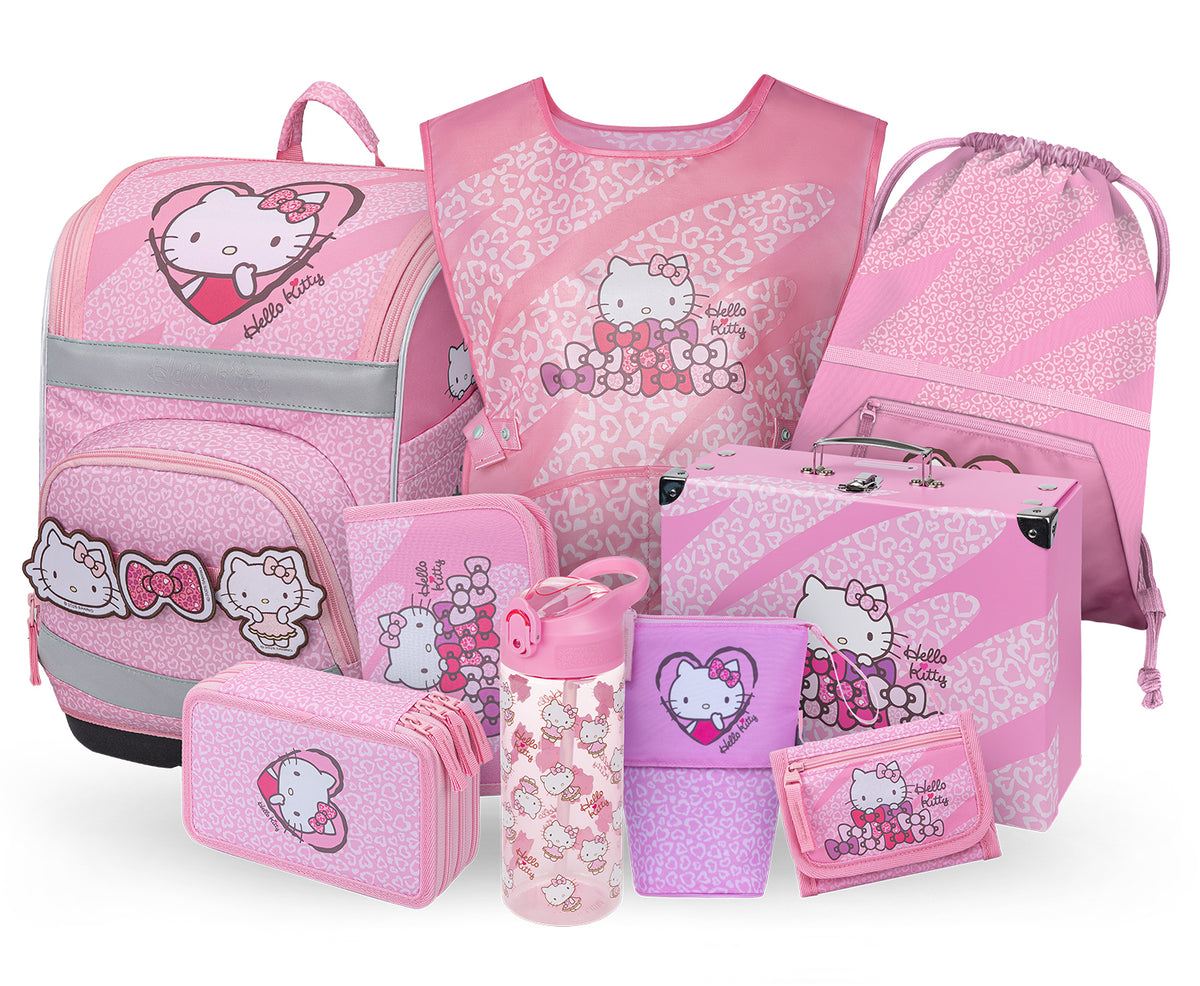 Zippy Plus Hello Kitty Sweet Leopard Schulranzen-Set 9tlg: Schulranzen, Federmäppchen, Turnbeutel, Schürze, Geldbörse, Pencil Slider, Federmäppchen 3-Fach, Trinkflasche, Faltkoffer mit geschmiedeten E