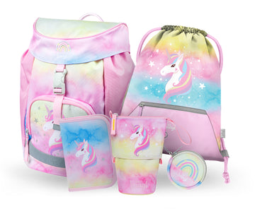 Airy Rainbow Unicorn Rucksack-Set 5tlg: Rucksack, Federmäppchen, Turnbeutel, Pencil Slider, Geldbörse