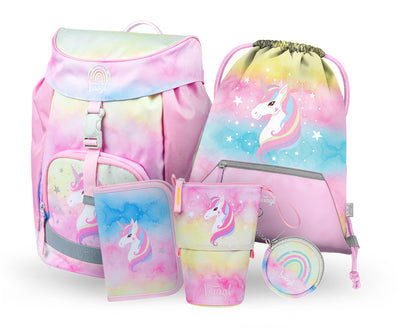 Airy Rainbow Unicorn Rucksack-Set 5tlg: Rucksack, Federmäppchen, Turnbeutel, Pencil Slider, Geldbörse