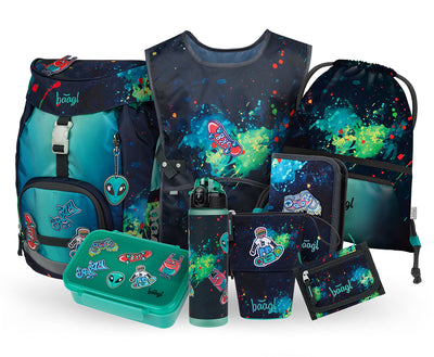 Airy Chill Rucksack-Set 8tlg: Rucksack, Pencil Slider, Federmäppchen, Turnbeutel, Geldbörse, Brotdose, Schürze, Trinkflasche