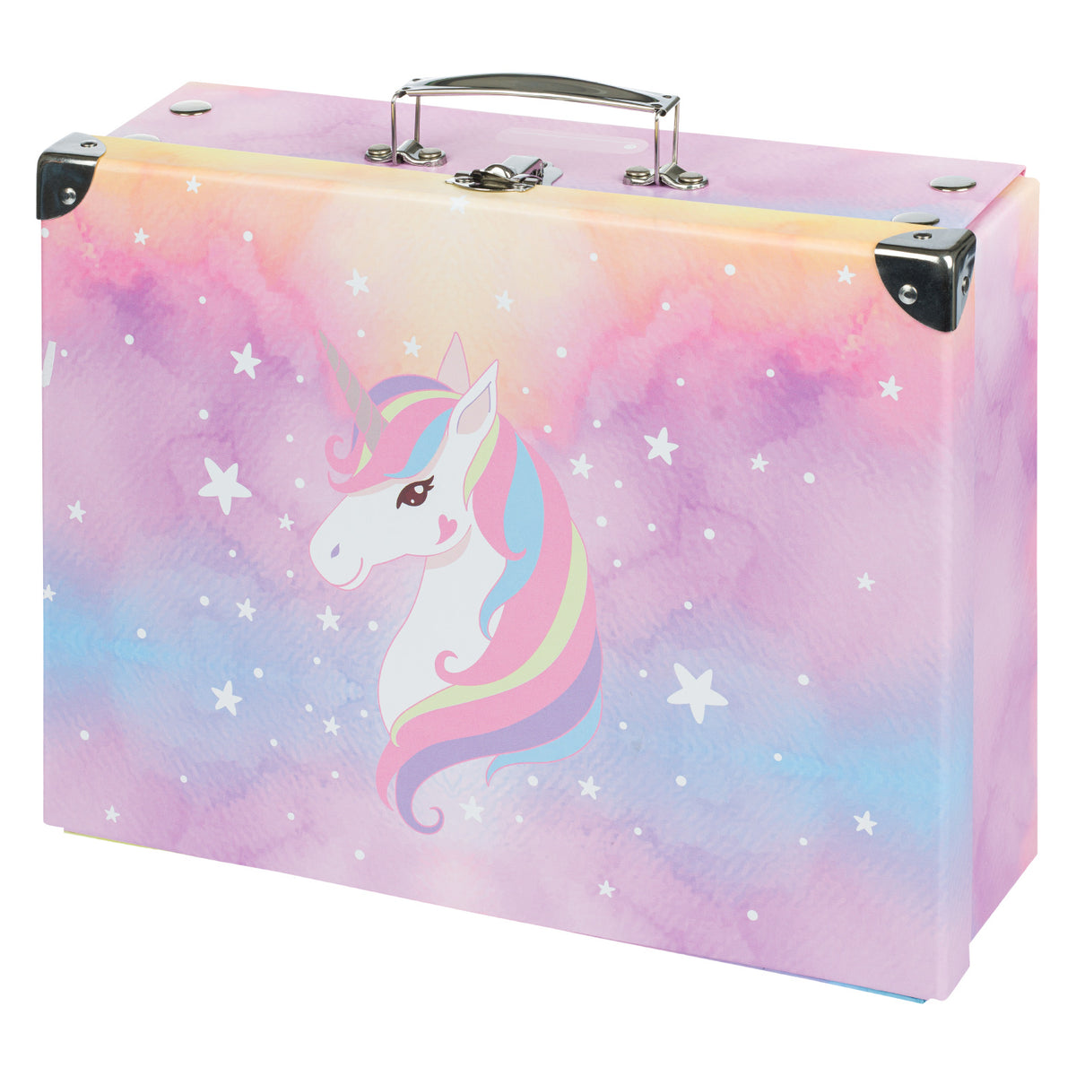 Airy Rainbow Unicorn Rucksack-Set 9tlg: Rucksack, Pencil Slider, Federmäppchen, Turnbeutel, Geldbörse, Heftmappe, Brotdose, Schürze, Faltkoffer mit geschmiedeten Ecken