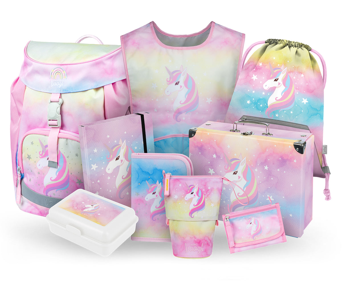 Airy Rainbow Unicorn Rucksack-Set 9tlg: Rucksack, Pencil Slider, Federmäppchen, Turnbeutel, Geldbörse, Heftmappe, Brotdose, Schürze, Faltkoffer mit geschmiedeten Ecken