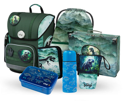 Ergo Dino Schulranzen-Set 7tlg: Schulranzen, Federmäppchen, Turnbeutel, Pencil Slider, Trinkflasche, Brotdose, Faltkoffer mit geschmiedeten Ecken