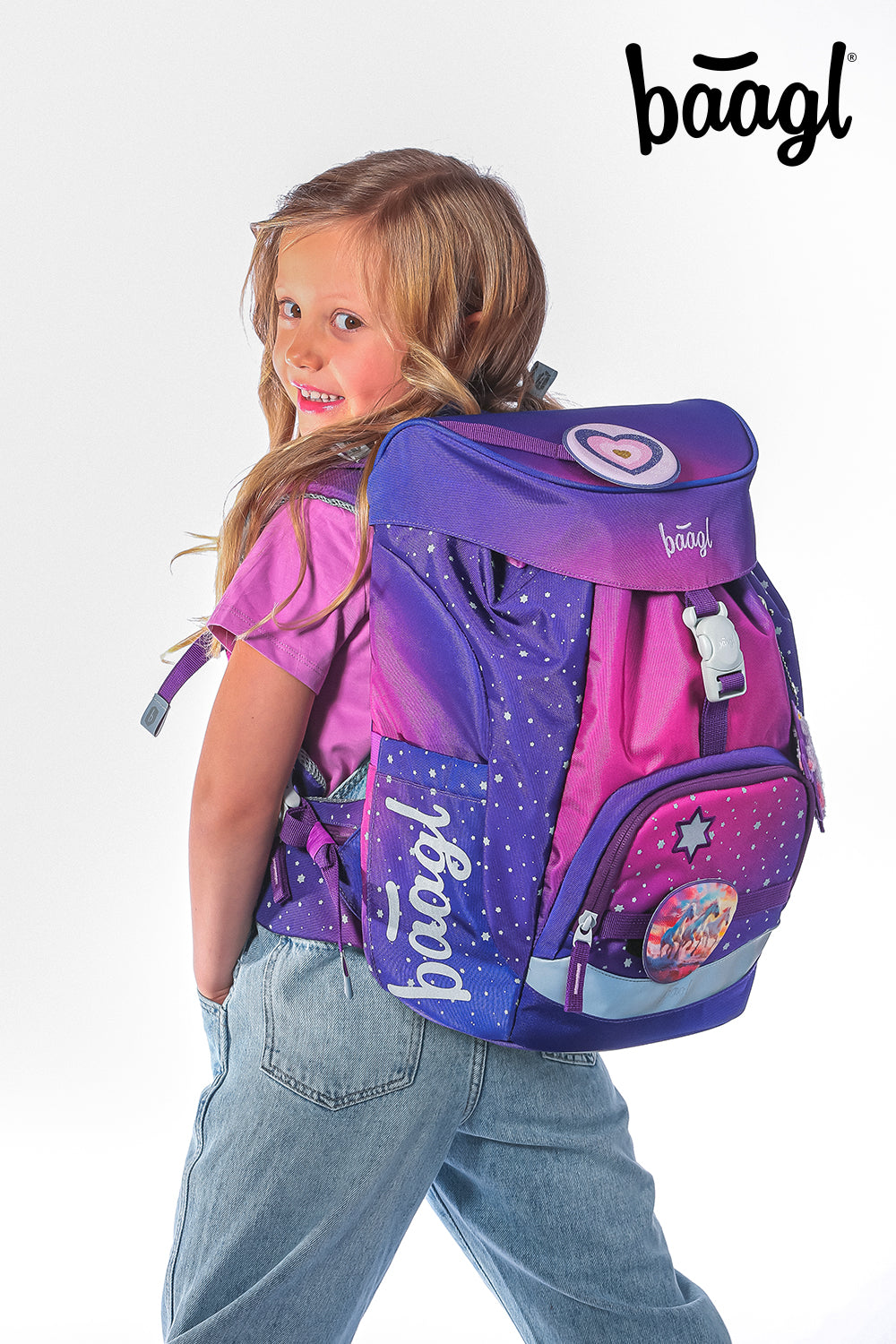 Airy Pferde-Herz Rucksack-Set 8tlg: Rucksack, Federmäppchen, Turnbeutel, Schürze, Geldbörse, Pencil Slider, Faltkoffer mit geschmiedeten Ecken, Baaglies