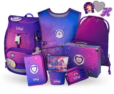 Airy Pferde-Herz Rucksack-Set 8tlg: Rucksack, Federmäppchen, Turnbeutel, Schürze, Geldbörse, Pencil Slider, Faltkoffer mit geschmiedeten Ecken, Baaglies