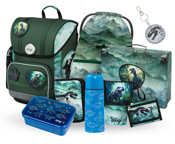 Ergo Dino Schulranzen-Set 9tlg: Schulranzen, Pencil Slider, Federmäppchen, Turnbeutel, Geldbörse, Brotdose, Trinkflasche, Faltkoffer mit geschmiedeten Ecken, Baaglies