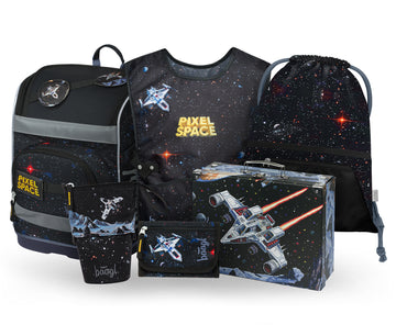 Zippy Plus Pixel Space Schulranzen-Set 6tlg: Schulranzen, Pencil Slider, Turnbeutel, Geldbörse, Faltkoffer mit geschmiedeten Ecken, Schürze