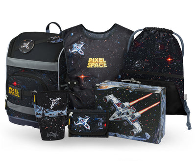 Zippy Plus Pixel Space Schulranzen-Set 6tlg: Schulranzen, Pencil Slider, Turnbeutel, Geldbörse, Faltkoffer mit geschmiedeten Ecken, Schürze