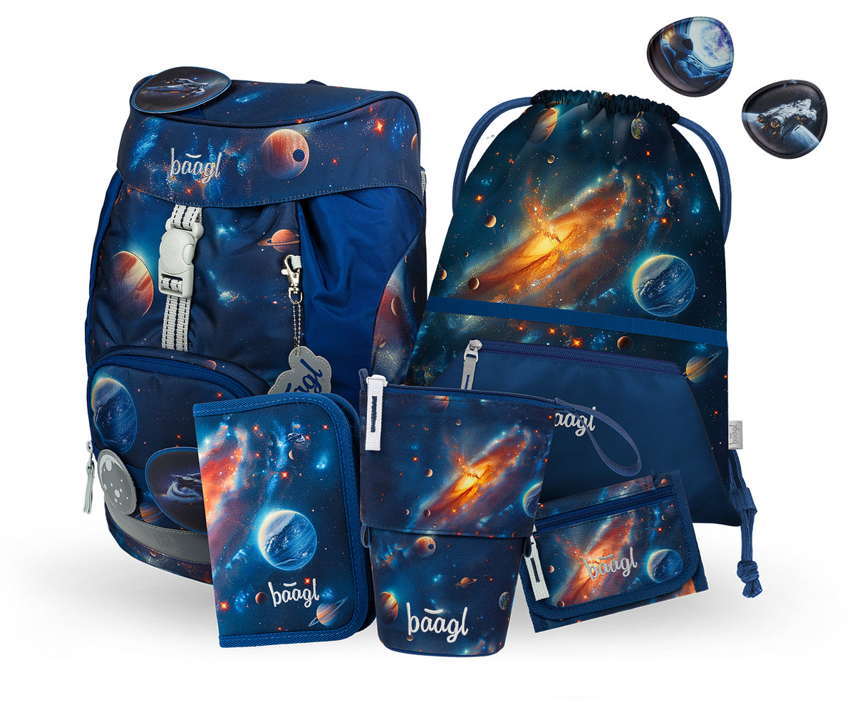 Airy Weltraum Rucksack-Set 6tlg: Rucksack, Pencil Slider, Federmäppchen, Turnbeutel, Geldbörse, Baaglies