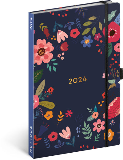 Buchkalender Blaue Blumen 2024, wöchentlich, 13 × 21 cm