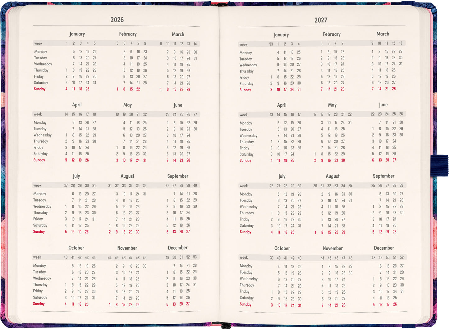 Planbook Kalender/Notizbuch Blumenstrauß 2026, 13 x 21 cm