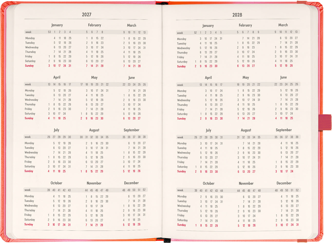 Planbook Planer/Notizbuch Coral 2027, 13 x 21 cm