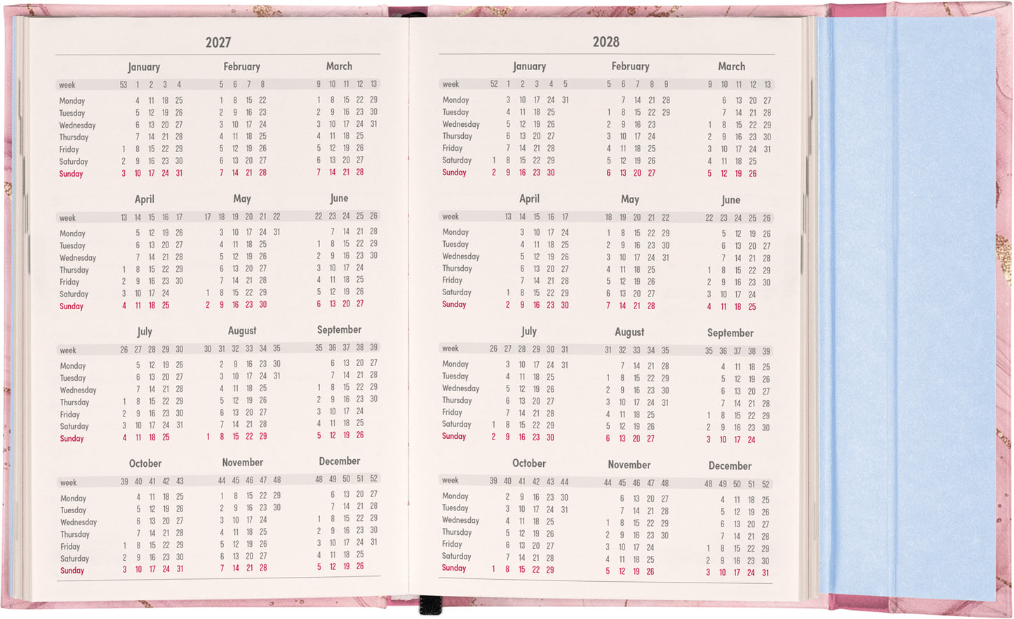 Magnetic Weekly Planner Pink Marble 2027, 11 x 16 cm