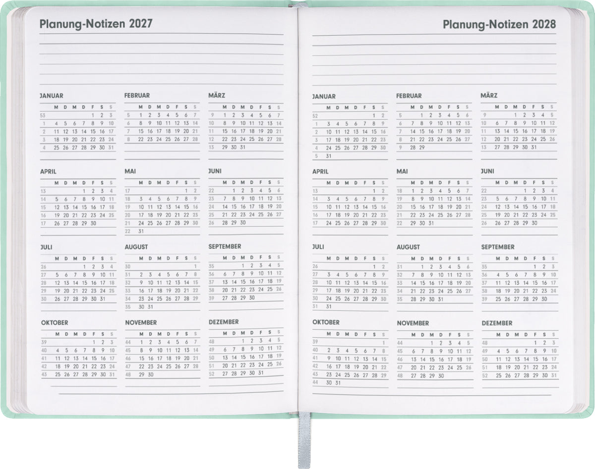 Buchkalender Ponza 2027, Tageskalender, mint, 15 x 21 cm