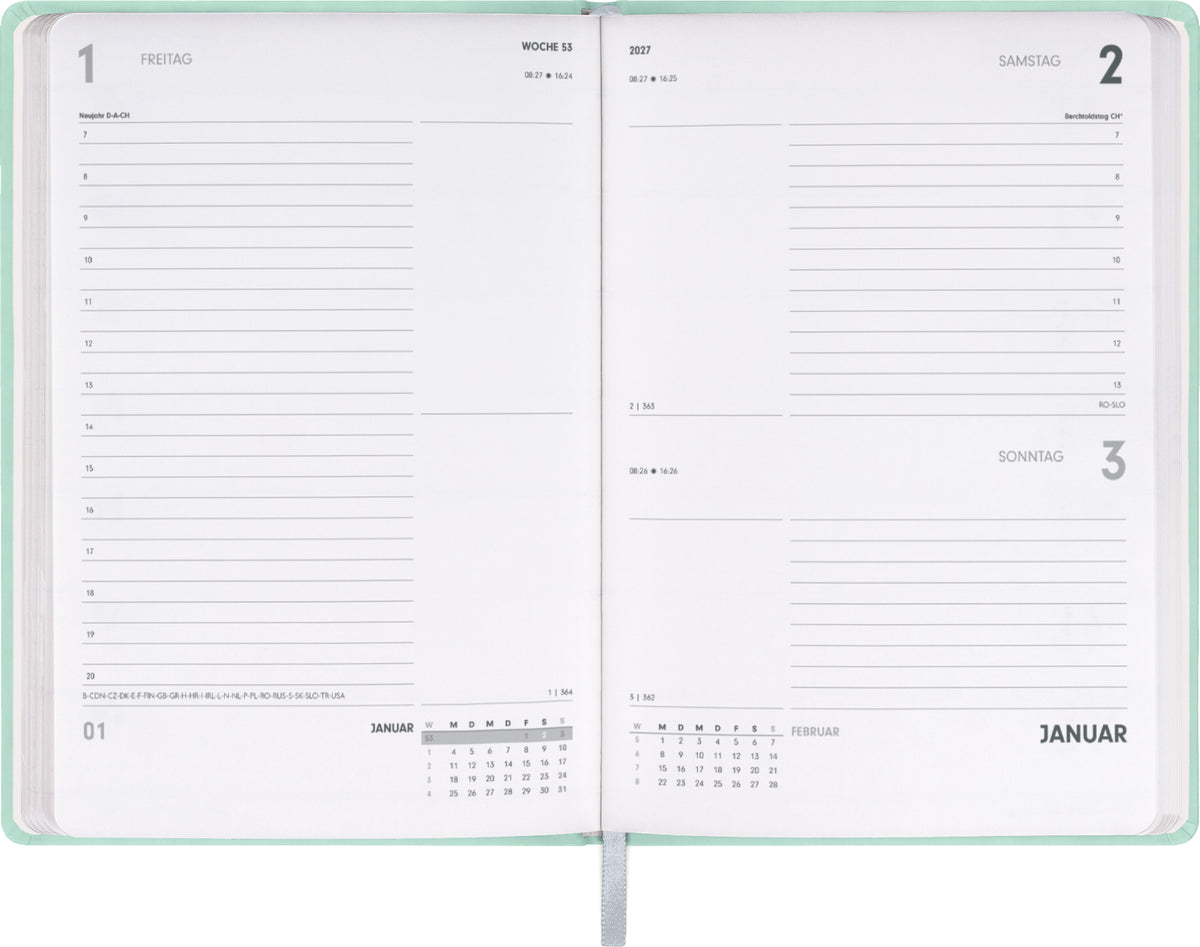 Buchkalender Ponza 2027, Tageskalender, mint, 15 x 21 cm